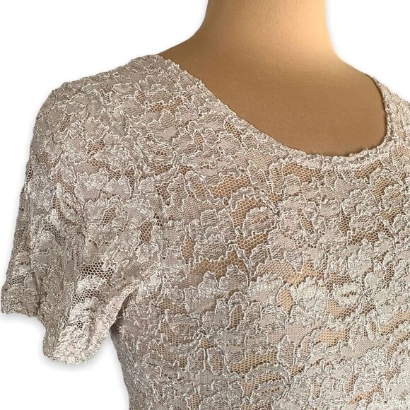 Vintage Lace Top Floral Sheer Blouse Off-White Short Sleeve Crew Neck Scoopneck - Picture 6 of 9